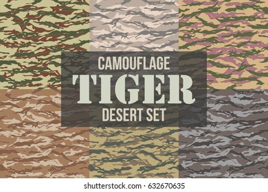 Tiger Stripe Desert Camouflage Seamless Patterns. Vector Illustration.