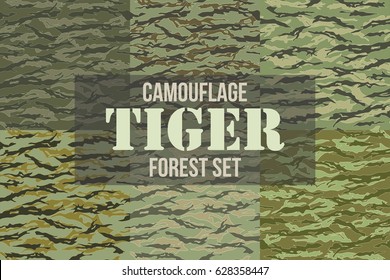 Tiger stripe Forest Camouflage seamless patterns. Vector Illustration.