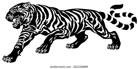 tiger stripe silhouette. Aggressive big cat. Side view. Isolated vector illustration