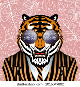 Tiger in a striped jacket and sunglasses symbol of 2022 on a pink background.