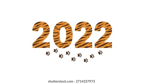Los números rayados de tigre deletrean el año 2022, mientras que un rastro curvo de huellas de patas agrega movimiento y capricho contra un fondo blanco limpio.