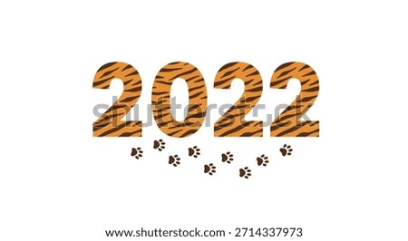 Tiger striped numerals spell out the year 2022 while a curved trail of paw prints adds motion and whimsy against a clean white background.