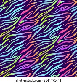 Tiger striped rainbow seamless pattern. Tiger texture neon holographic vector. Animal skin, zebra print. Wrapping paper, fashion fabrics, prints.