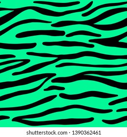 Tiger stripes animal seamless pattern vector illustration. Fashionable safari print for design, fabric with neon green background. EPS10