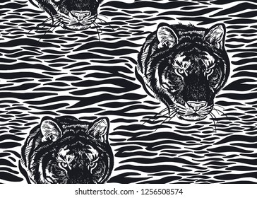 Tiger stripes and tiger head close-up seamless pattern. Motives of animals of wildlife. Modern decor Beast style. Vector illustration. Template for paper, textile, wallpaper. Black and white print