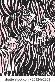 Tiger stripes pattern, animal skin, line background. Vector seamles texture