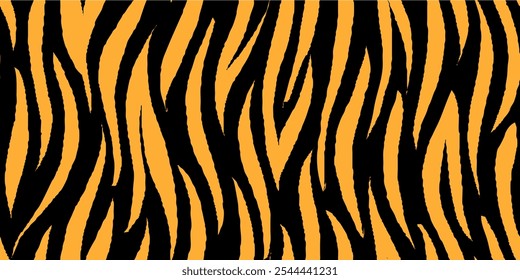 Tiger Stripes Pattern Design. Drawing Safari Texture Print. Black Yellow Abstract Animal Background.