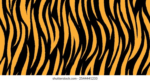 Tiger Stripes Pattern Design. Drawing Safari Texture Print. Black Yellow Abstract Animal Background.