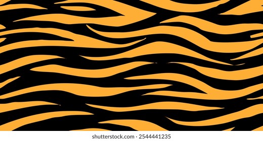 Tiger Stripes Pattern Design. Drawing Safari Texture Print. Black Yellow Abstract Animal Background.