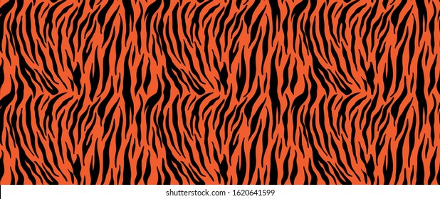 Tiger stripes seamless pattern, animal skin texture, abstract ornament for clothing, fashion safari wallpaper, textile, natural hand drawn ink illustration, black and orange camouflage, tropical cat