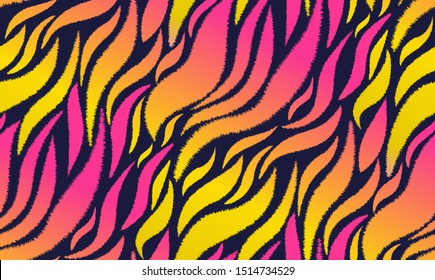 Tiger stripes seamless pattern. Colorful animalistic print in a modern retro style. Vector striped background in bright trendy colors-yellow and pink. Perfect template for fashion design.