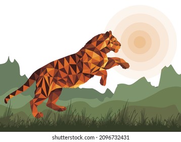 tiger in the style of love poly isolated against the background of flat landscape and sun, for decoration and posters