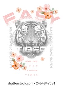 Tiger style slogan Beauty flowers fashion  Slogantex print in colorful poster fashion