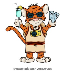 Tiger in sunglasses with cocktail. The symbol of the new year according to the Chinese or Eastern calendar. Outline for coloring. Vector editable illustration, cartoon style
