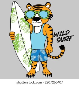 TIGER WITH SUNGLASSES HOLDING A SURFBOARD