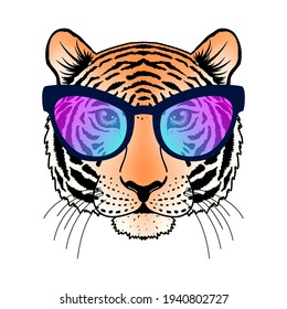 Tiger with sunglasses on white background. Idea for t-shirts design.