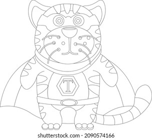 Tiger is a superhero coloring book. Vector illustration in a funny cartoon style.