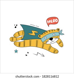 Tiger superhero in funny comic costumes. Vector hand-drawn illustration with a wild animal on white background. Can be used for greeting card, nursery, poster.