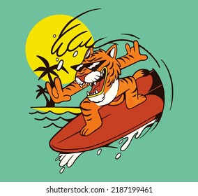 tiger surfing summer print vector
