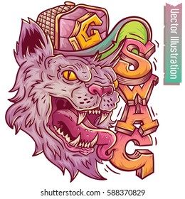 Tiger in swag style,vector illustration for t-shirt. Crazy Fashion animals. Fashion panther hipster, Vector swag cat.