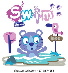 tiger swimming in the lake funny animal cartoon,vector illustration