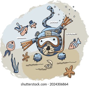 The tiger swims under the water and examines the fish. Children's print for fabric, T-shirt, poster, postcard, baby shower. Hand drawn cute print.