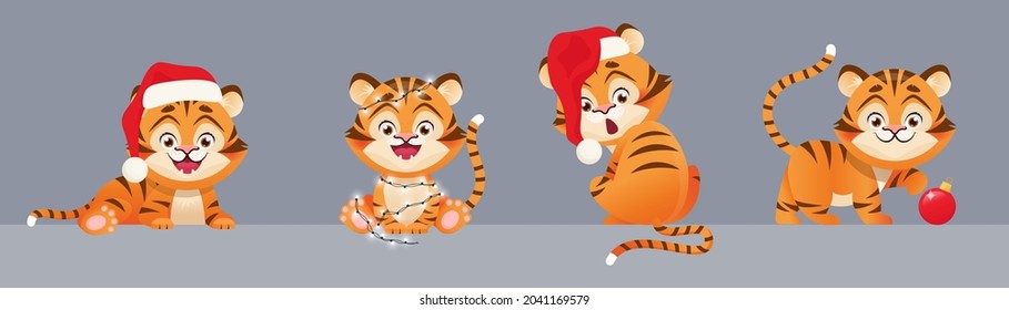 Tiger as Symbol of 2022 New Year, in Santa hat and other Christmas decoration. Chinese zodiac. Cartoon vector illustration