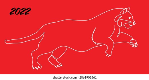 A tiger, symbol of 2022 year. Vector flat line art, illustration, line drawing, continuous line. Engraving, print design. Red background