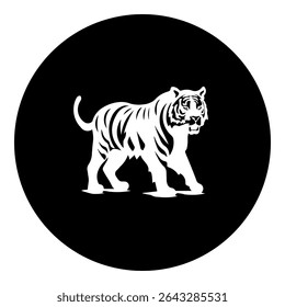 A tiger symbol in the center. Isolated white symbol in black circle. Vector illustration on white background