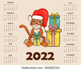 Tiger is symbol of the Chinese new year with the inscription January. In the red hat of Santa Claus with gifts. Perfect for creating a calendar. Vector illustration cartoon style