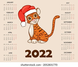 Tiger is symbol of the Chinese new year with the inscription January. In the red hat of Santa Claus with gifts. Perfect for creating a calendar. Vector illustration cartoon style