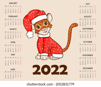 Tiger is symbol of the Chinese new year with the inscription January. In the red hat of Santa Claus with gifts. Perfect for creating a calendar. Vector illustration cartoon style