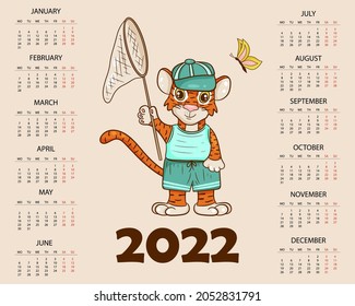Tiger is symbol of the Chinese new year with the inscription January. In the red hat of Santa Claus with gifts. Perfect for creating a calendar. Vector illustration cartoon style