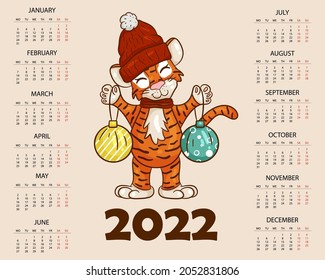 Tiger is symbol of the Chinese new year with the inscription January. In the red hat of Santa Claus with gifts. Perfect for creating a calendar. Vector illustration cartoon style