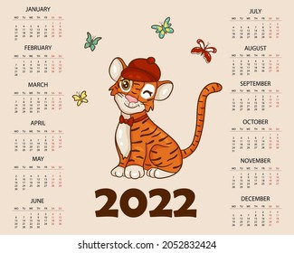 Tiger is symbol of the Chinese new year with the inscription January. In the red hat of Santa Claus with gifts. Perfect for creating a calendar. Vector illustration cartoon style