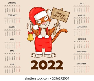 Tiger is symbol of the Chinese new year with the inscription January. In the red hat of Santa Claus with gifts. Perfect for creating a calendar. Vector illustration cartoon style