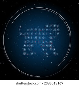 The tiger symbol filled with white dots. Pointillism style. Some dots is red. Vector illustration on blue background with stars