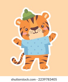 Tiger symbol icon. Animal in clothes, sticker for social networks and messengers. Symbol of new year and christmas, winter holidays. Predator, fauna and wild life. Cartoon flat vector illustration