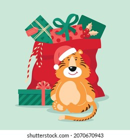 Tiger. The symbol of the new year. 2022. Gift bag. New Year presents. Card. Vector image. 