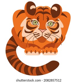 Tiger symbol of New Year 2022 isolated on white background. Cartoon tiger looks with interest. Vector illustration