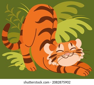 Tiger symbol of New Year 2022 on jungle background. Exotic cartoon animal tiger stretching. Vector illustration