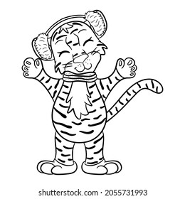 Tiger symbol of the new year  according to the Chinese or Eastern calendar. Wearing earphones against the cold and scarf. Outline for coloring. Vector editable illustration.