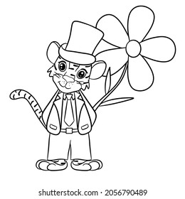 Tiger is symbol of the new year according to the Chinese or Eastern calendar. In suit and top hat, with big yellow flower.  Vector editable illustration, cartoon style Outline for coloring.