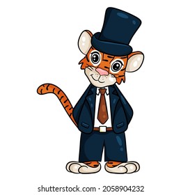 Tiger is symbol of the new year according to the Chinese or Eastern calendar. In suit and in top hat. Vector editable illustration, cartoon style