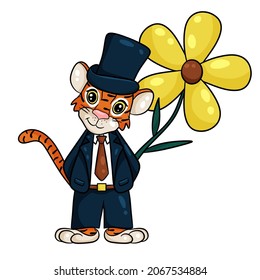 Tiger is symbol of the new year according to the Chinese or Eastern calendar. In suit and top hat, with big yellow flower.  Vector editable illustration, cartoon style