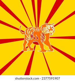 Tiger symbol on a background of red flash explosion radial lines. The large orange symbol is located in the center of the sun, symbolizing the sunrise. Vector illustration on yellow background