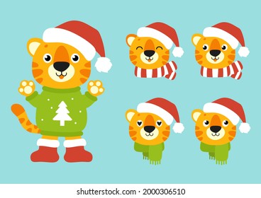 Tiger symbol in a winter hat. Cartoon character. Colorful vector illustration. Happy New Year and Merry Christmas. Isolated on color background. Design element.
