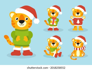Tiger symbol in a winter hat. Cartoon character. Colorful vector illustration. Happy New Year and Merry Christmas. Isolated on color background. Design element.