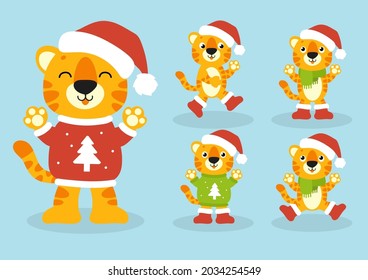 Tiger symbol in a winter hat. Cartoon character. Colorful vector illustration. Happy New Year and Merry Christmas. Isolated on color background. Design element.