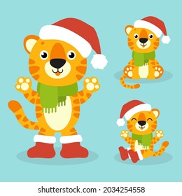 Tiger symbol in a winter hat. Cartoon character. Colorful vector illustration. Happy New Year and Merry Christmas. Isolated on color background. Design element.